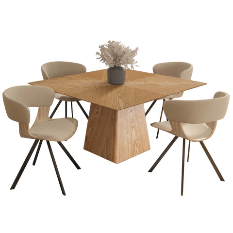 Zephry 5-Piece Dining Set with Square Wooden Table in Natural Wood and 4 Leather Dining Chairs