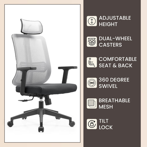 Nift Adjustable Upholstered Office Chair with Foam Filled Seat and Mesh Back and Headrest