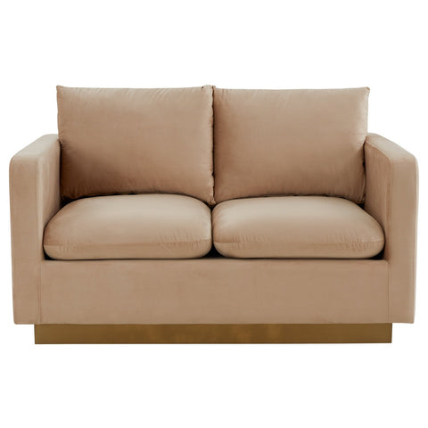 Nervo Modern Mid-Century Upholstered Velvet/Leather Loveseat with Gold Base