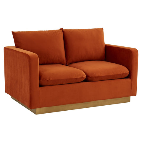 Nervo Modern Mid-Century Upholstered Velvet/Leather Loveseat with Gold Base