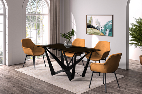 Nuvor Dining Table with Rectangular Sintered Stone/Glass Tabletop and Black Steel Legs