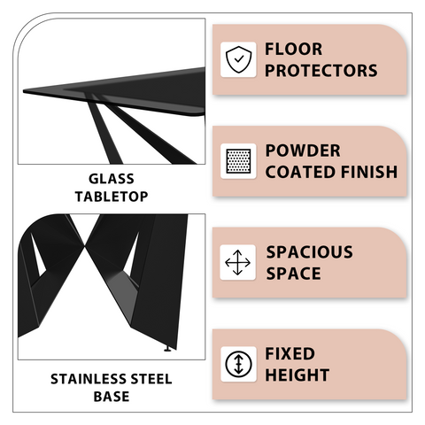 Nuvor Dining Table with Rectangular Sintered Stone/Glass Tabletop and Black Steel Legs