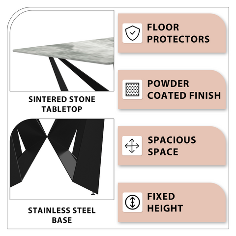 Nuvor Dining Table with Rectangular Sintered Stone/Glass Tabletop and Steel Legs