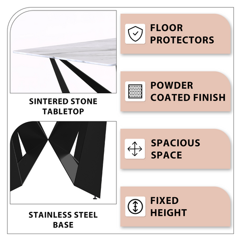 Nuvor Dining Table with Rectangular Sintered Stone/Glass Tabletop and Black Steel Legs