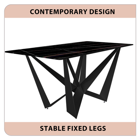 Nuvor Dining Table with Rectangular Sintered Stone/Glass Tabletop and Black Steel Legs