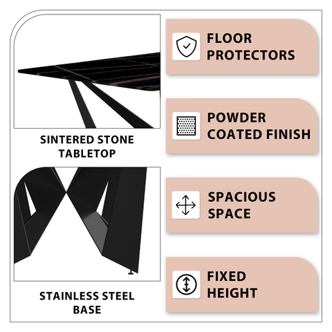 Nuvor Dining Table with Rectangular Sintered Stone/Glass Tabletop and Black Steel Legs