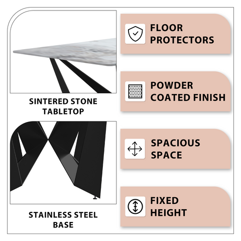 Nuvor Dining Table with Rectangular Sintered Stone/Glass Tabletop and Black Steel Legs