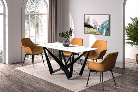 Nuvor Dining Table with Rectangular Sintered Stone/Glass Tabletop and Black Steel Legs