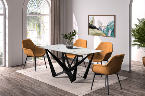 Nuvor Dining Table with Rectangular Sintered Stone/Glass Tabletop and Black Steel Legs