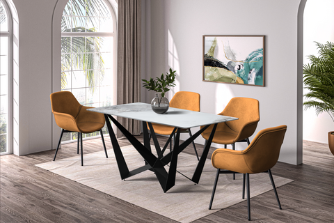 Nuvor Dining Table with Rectangular Sintered Stone/Glass Tabletop and Black Steel Legs