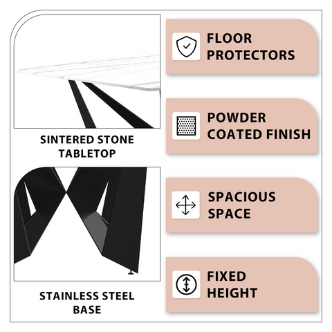 Nuvor Dining Table with Rectangular Sintered Stone/Glass Tabletop and Black Steel Legs