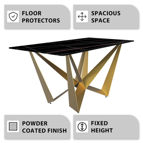 Nuvor Dining Table with Rectangular Sintered Stone/Glass Tabletop and Gold Steel Legs