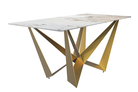 Nuvor Dining Table with Rectangular Sintered Stone/Glass Tabletop and Gold Steel Legs