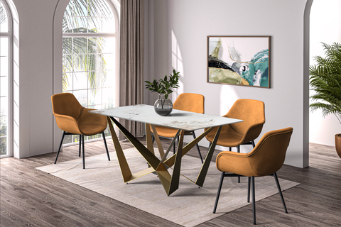 Nuvor Dining Table with Rectangular Sintered Stone/Glass Tabletop and Gold Steel Legs