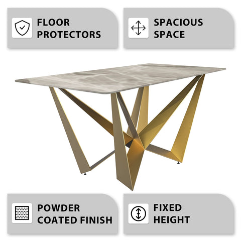 Nuvor Dining Table with Rectangular Sintered Stone/Glass Tabletop and Gold Steel Legs