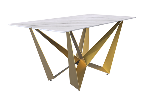 Nuvor Dining Table with Rectangular Sintered Stone/Glass Tabletop and Gold Steel Legs