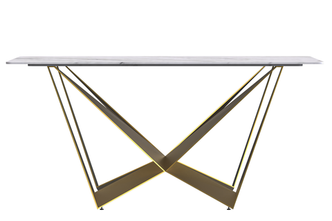 Nuvor Dining Table with Rectangular Sintered Stone/Glass Tabletop and Gold Steel Legs