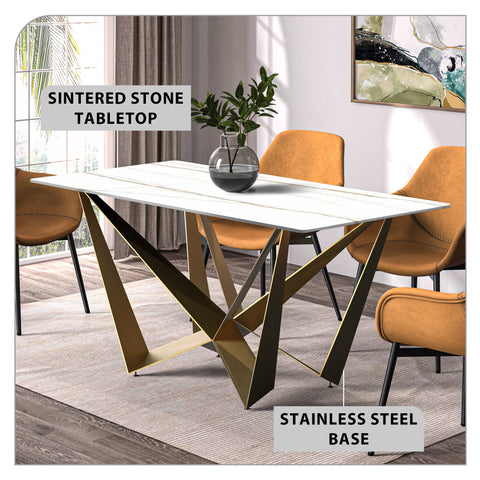 Nuvor Dining Table with Rectangular Sintered Stone/Glass Tabletop and Steel Legs