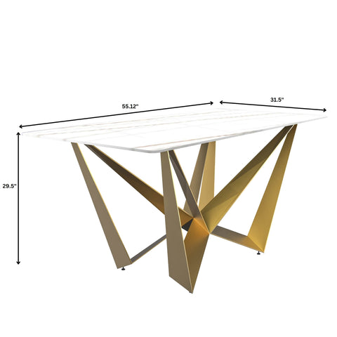 Nuvor Dining Table with Rectangular Sintered Stone/Glass Tabletop and Gold Steel Legs