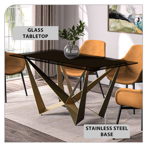 Nuvor Dining Table with Rectangular Sintered Stone/Glass Tabletop and Gold Steel Legs