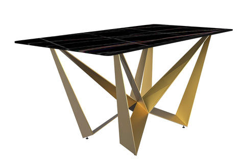 Nuvor Dining Table with Rectangular Sintered Stone/Glass Tabletop and Gold Steel Legs