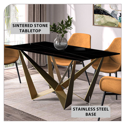 Nuvor Dining Table with Rectangular Sintered Stone/Glass Tabletop and Gold Steel Legs