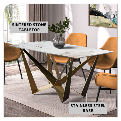 Nuvor Dining Table with Rectangular Sintered Stone/Glass Tabletop and Gold Steel Legs