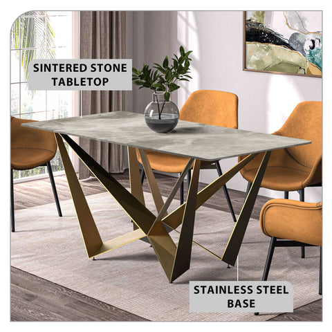 Nuvor Dining Table with Rectangular Sintered Stone/Glass Tabletop and Gold Steel Legs