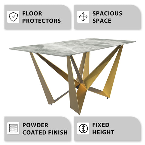 Nuvor Dining Table with Rectangular Sintered Stone/Glass Tabletop and Gold Steel Legs