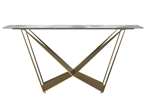 Nuvor Dining Table with Rectangular Sintered Stone/Glass Tabletop and Gold Steel Legs