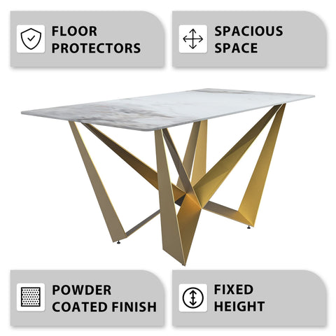 Nuvor Dining Table with Rectangular Sintered Stone/Glass Tabletop and Gold Steel Legs