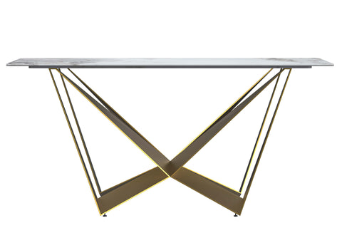 Nuvor Dining Table with Rectangular Sintered Stone/Glass Tabletop and Gold Steel Legs