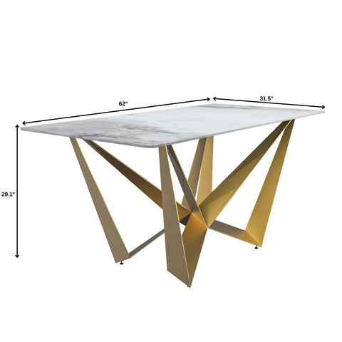 Nuvor Dining Table with Rectangular Sintered Stone/Glass Tabletop and Gold Steel Legs