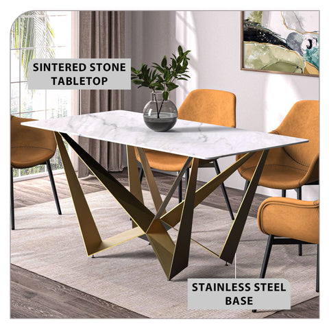 Nuvor Dining Table with Rectangular Sintered Stone/Glass Tabletop and Gold Steel Legs