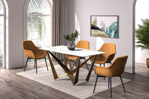 Nuvor Dining Table with Rectangular Sintered Stone/Glass Tabletop and Gold Steel Legs