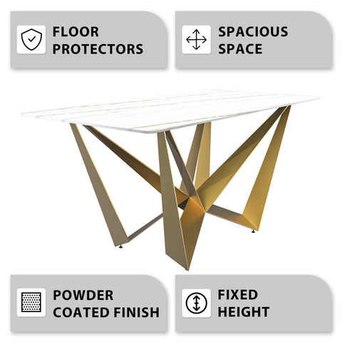 Nuvor Dining Table with Rectangular Sintered Stone/Glass Tabletop and Gold Steel Legs