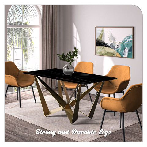 Nuvor Dining Table with Rectangular Sintered Stone/Glass Tabletop and Gold Steel Legs