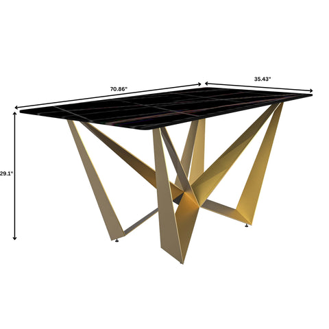 Nuvor Dining Table with Rectangular Sintered Stone/Glass Tabletop and Gold Steel Legs