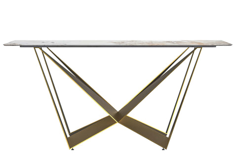 Nuvor Dining Table with Rectangular Sintered Stone/Glass Tabletop and Gold Steel Legs