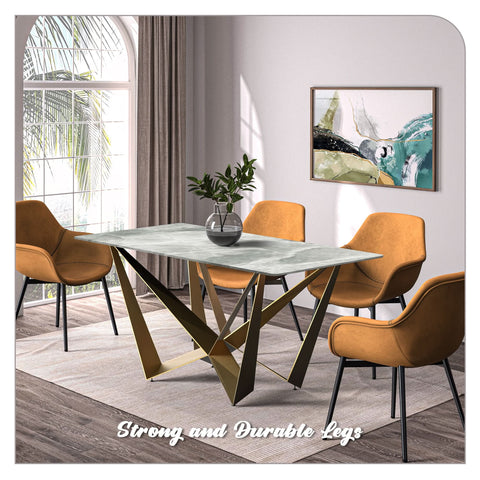 Nuvor Dining Table with Rectangular Sintered Stone/Glass Tabletop and Gold Steel Legs