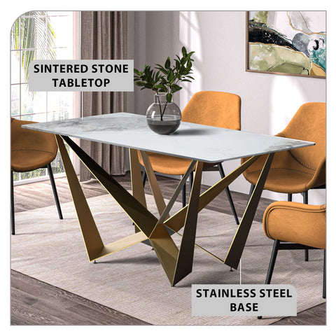 Nuvor Dining Table with Rectangular Sintered Stone/Glass Tabletop and Gold Steel Legs