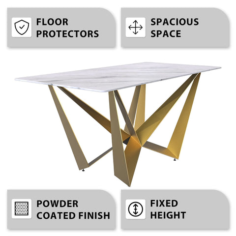 Nuvor Dining Table with Rectangular Sintered Stone/Glass Tabletop and Gold Steel Legs