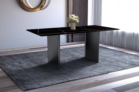 Olyra Dining Table with Rectangular Glass/Sintered Stone Tabletop and Stainless Steel Base