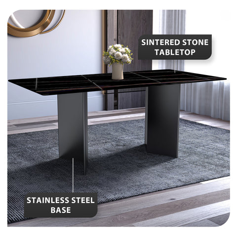 Olyra Dining Table with Rectangular Glass/Sintered Stone Tabletop and Stainless Steel Base