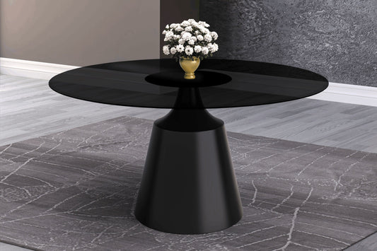 Prynn Modern Round Dining Table with a Sintered Stone/Glass Top in Black Stainless Steel Base