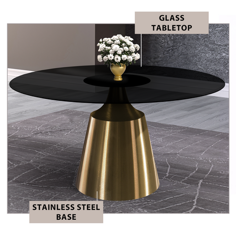 Prynn Modern Round Dining Table with Sintered Stone/Glass Top in Gold Stainless Steel Base