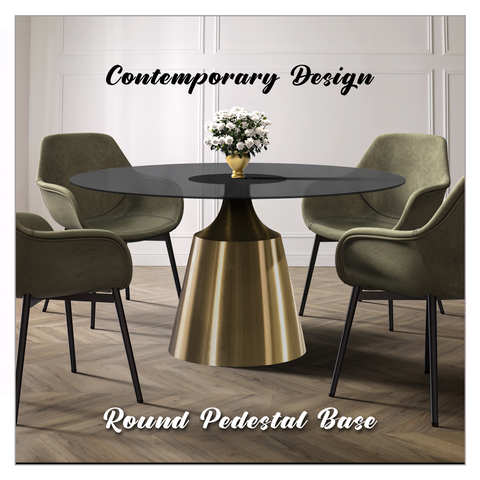 Prynn Modern Round Dining Table with Sintered Stone/Glass Top in Gold Stainless Steel Base