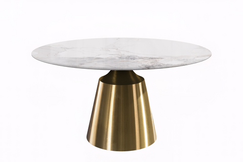 Prynn Modern Round Dining Table with Sintered Stone/Glass Top in Gold Stainless Steel Base