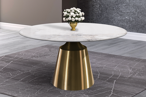 Prynn Modern Round Dining Table with Sintered Stone/Glass Top in Gold Stainless Steel Base