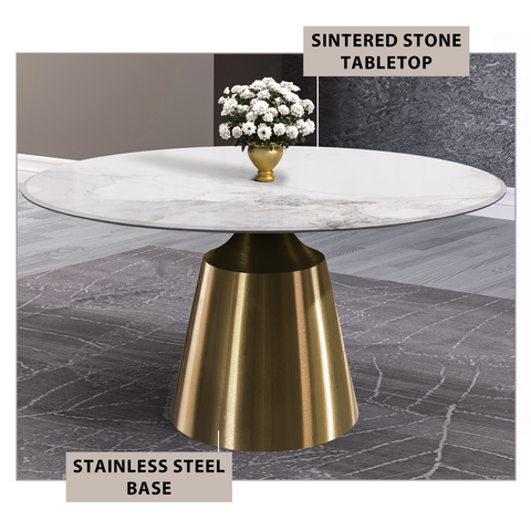 Prynn Modern Round Dining Table with Sintered Stone/Glass Top in Gold Stainless Steel Base